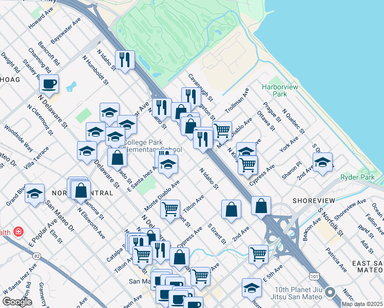 map of restaurants, bars, coffee shops, grocery stores, and more near 290 North Idaho Street in San Mateo