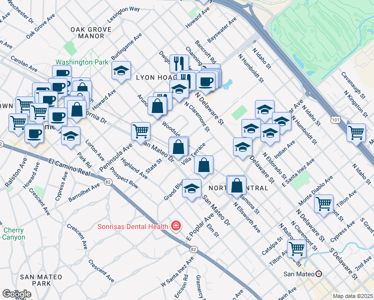 map of restaurants, bars, coffee shops, grocery stores, and more near 719 Woodside Way in San Mateo
