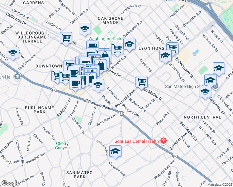 map of restaurants, bars, coffee shops, grocery stores, and more near 1155 Bayswater Avenue in Burlingame
