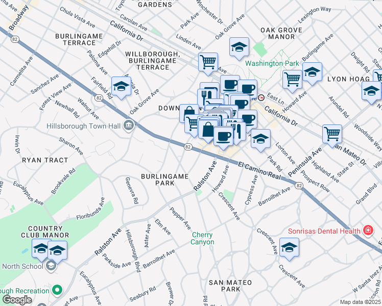 map of restaurants, bars, coffee shops, grocery stores, and more near 301 California 82 in Burlingame