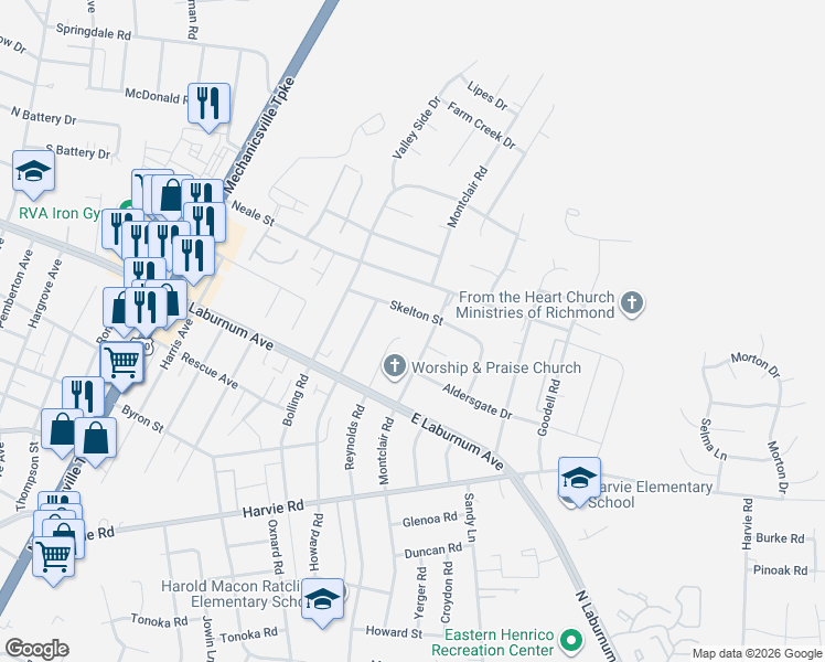 map of restaurants, bars, coffee shops, grocery stores, and more near 3752 Arborgrove Court in Richmond