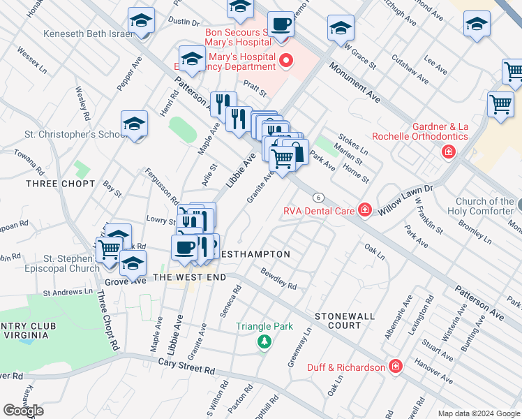 map of restaurants, bars, coffee shops, grocery stores, and more near 504 Westview Avenue in Richmond