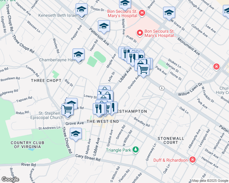 map of restaurants, bars, coffee shops, grocery stores, and more near 507 Libbie Avenue in Richmond