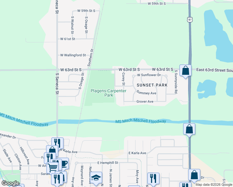 map of restaurants, bars, coffee shops, grocery stores, and more near 6528 Mabel Street in Wichita