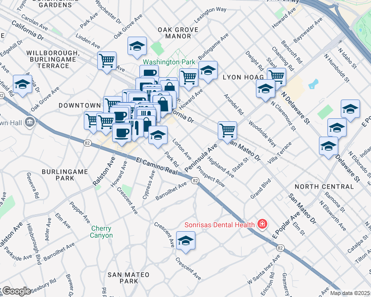 map of restaurants, bars, coffee shops, grocery stores, and more near 30 Lorton Avenue in Burlingame