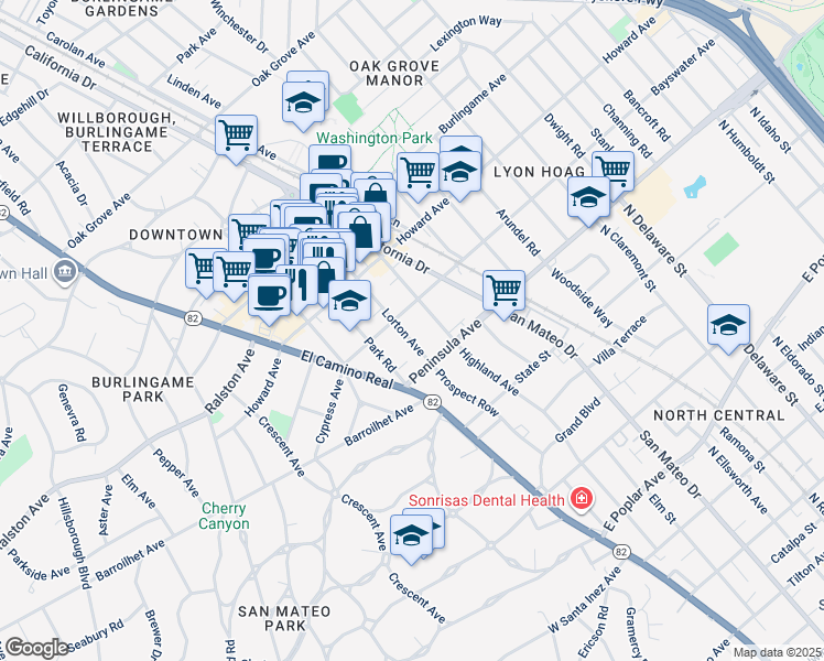 map of restaurants, bars, coffee shops, grocery stores, and more near 30 Lorton Avenue in Burlingame