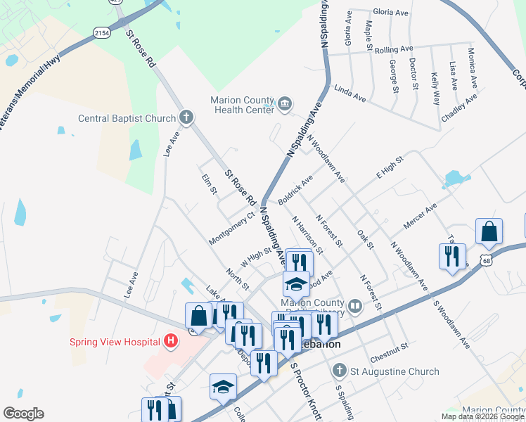 map of restaurants, bars, coffee shops, grocery stores, and more near 400 North Spalding Avenue in Lebanon