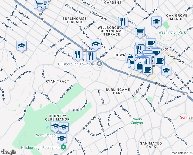 map of restaurants, bars, coffee shops, grocery stores, and more near 1660 Floribunda Avenue in Hillsborough