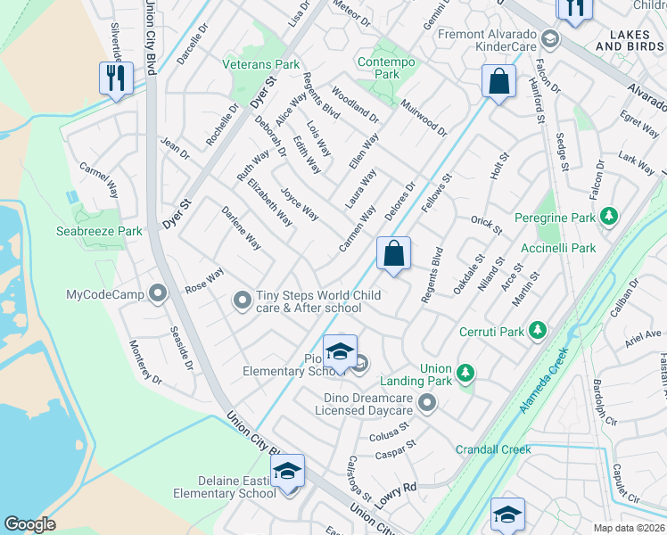 map of restaurants, bars, coffee shops, grocery stores, and more near 4633 Delores Drive in Union City