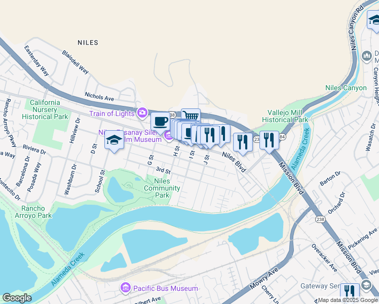 map of restaurants, bars, coffee shops, grocery stores, and more near 131 I Street in Fremont