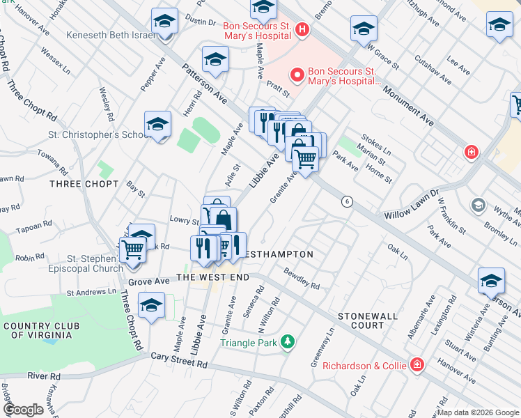 map of restaurants, bars, coffee shops, grocery stores, and more near 424 Granite Avenue in Richmond