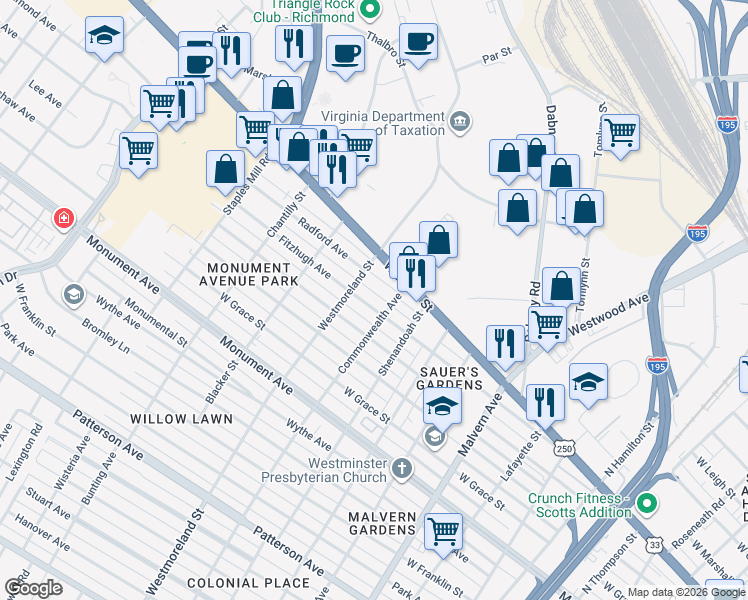 map of restaurants, bars, coffee shops, grocery stores, and more near 1708 Commonwealth Avenue in Richmond