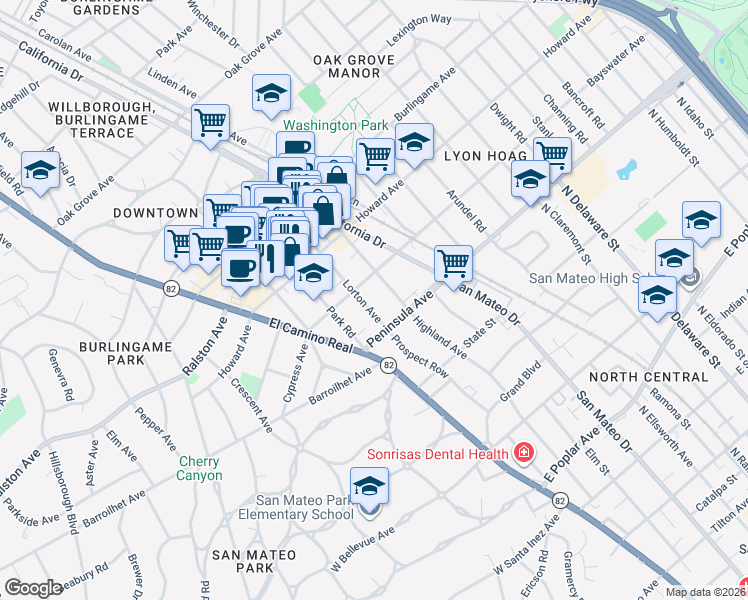 map of restaurants, bars, coffee shops, grocery stores, and more near 1155 Bayswater Avenue in Burlingame