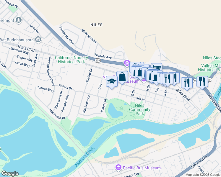 map of restaurants, bars, coffee shops, grocery stores, and more near 37141 2nd Street in Fremont