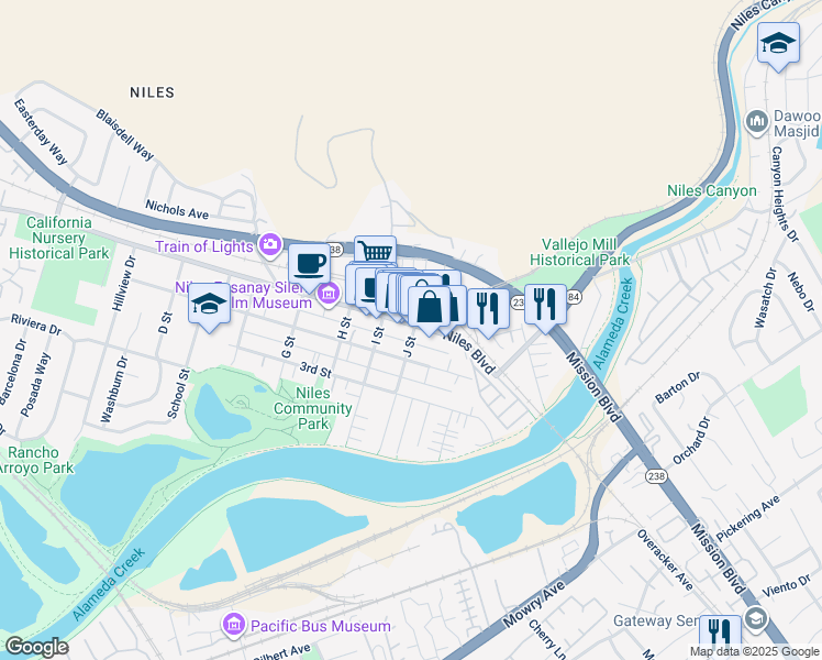 map of restaurants, bars, coffee shops, grocery stores, and more near 37699 Niles Boulevard in Fremont