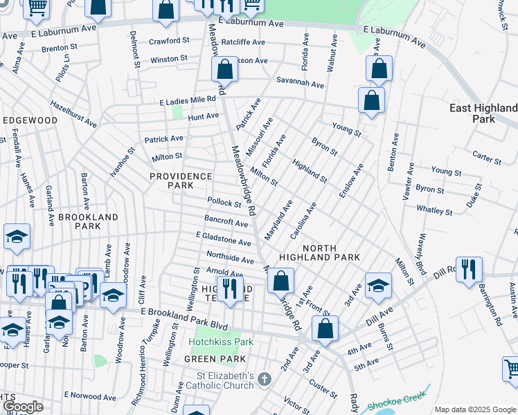 map of restaurants, bars, coffee shops, grocery stores, and more near 3208 Delaware Avenue in Richmond