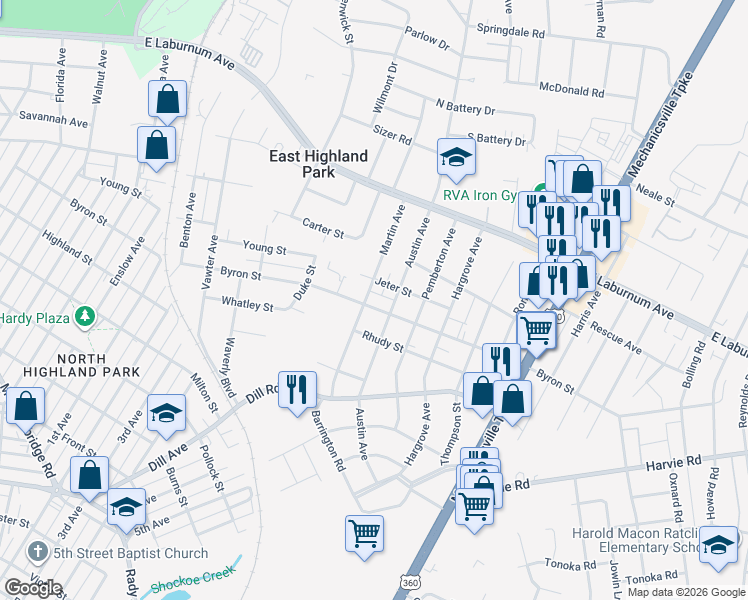 map of restaurants, bars, coffee shops, grocery stores, and more near 1902 Byron Street in Richmond