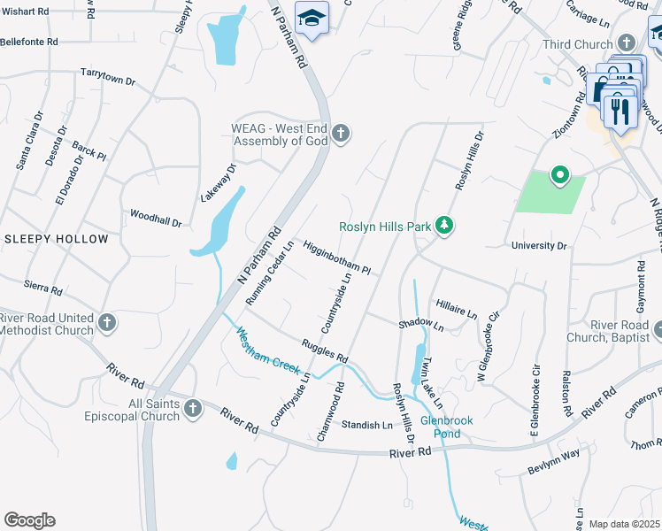 map of restaurants, bars, coffee shops, grocery stores, and more near 8715 Higginbotham Place in Richmond