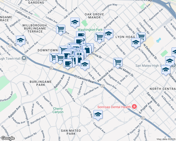 map of restaurants, bars, coffee shops, grocery stores, and more near 110 Park Road in Burlingame