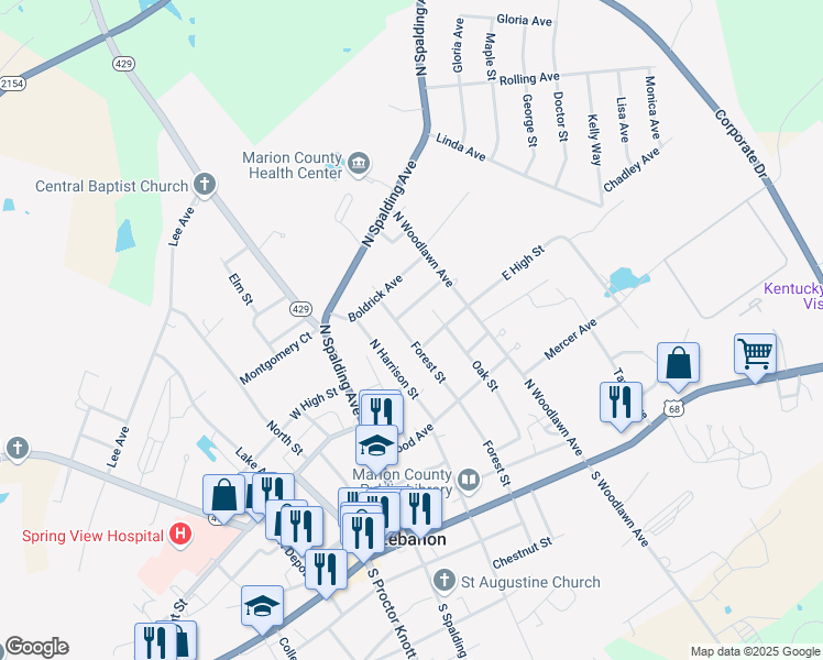 map of restaurants, bars, coffee shops, grocery stores, and more near 339 North Forest Street in Lebanon