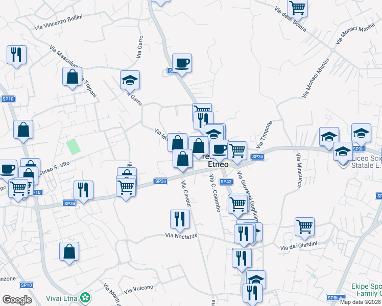 map of restaurants, bars, coffee shops, grocery stores, and more near 65 Via Vito Scalia in Tremestieri Etneo