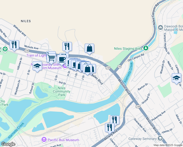 map of restaurants, bars, coffee shops, grocery stores, and more near 37810 Niles Boulevard in Fremont