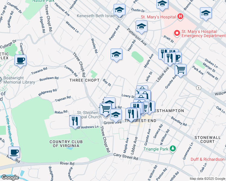 map of restaurants, bars, coffee shops, grocery stores, and more near 507 Henri Road in Richmond