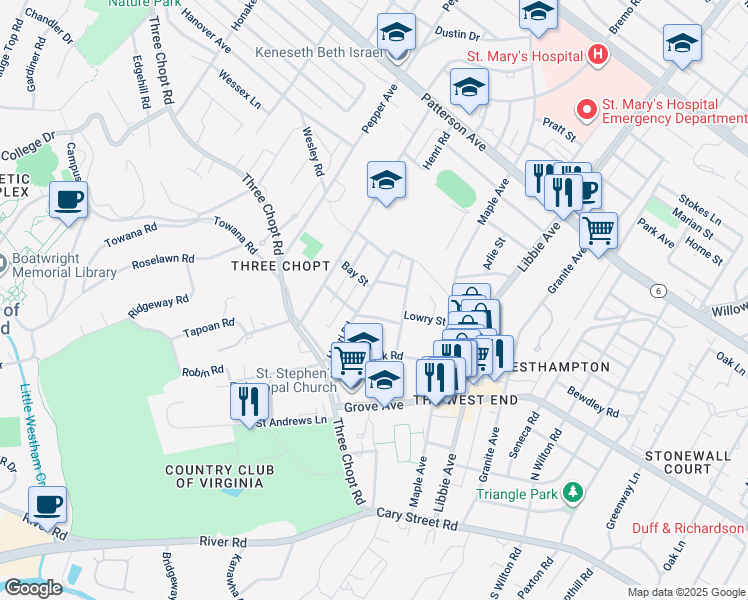 map of restaurants, bars, coffee shops, grocery stores, and more near 507 Henri Road in Richmond