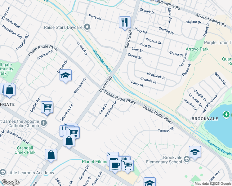 map of restaurants, bars, coffee shops, grocery stores, and more near 3173 Waugh Place in Fremont