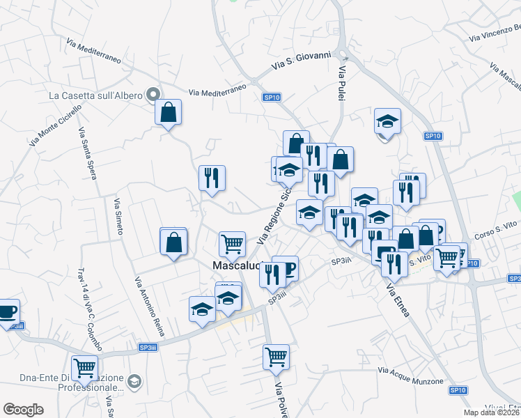 map of restaurants, bars, coffee shops, grocery stores, and more near 10 Via Santissimo Crocifisso in Mascalucia