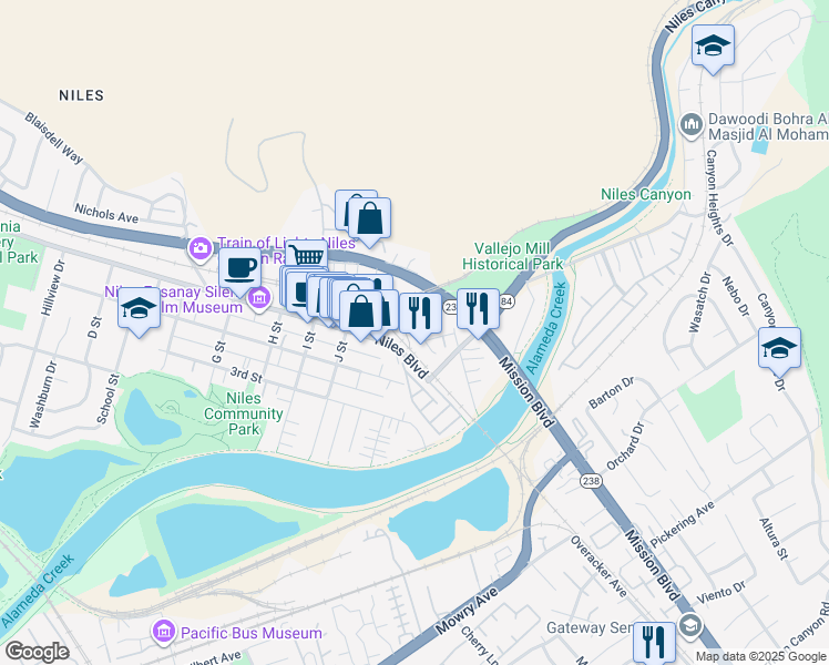 map of restaurants, bars, coffee shops, grocery stores, and more near 37871 Essanay Place in Fremont