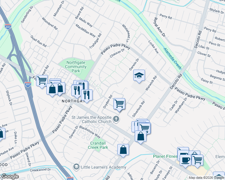 map of restaurants, bars, coffee shops, grocery stores, and more near 3619 Dryden Road in Fremont