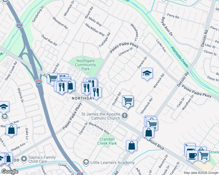 map of restaurants, bars, coffee shops, grocery stores, and more near 3666 Gainsborough Terrace in Fremont