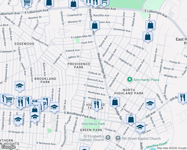 map of restaurants, bars, coffee shops, grocery stores, and more near 617 Pollock Street in Richmond