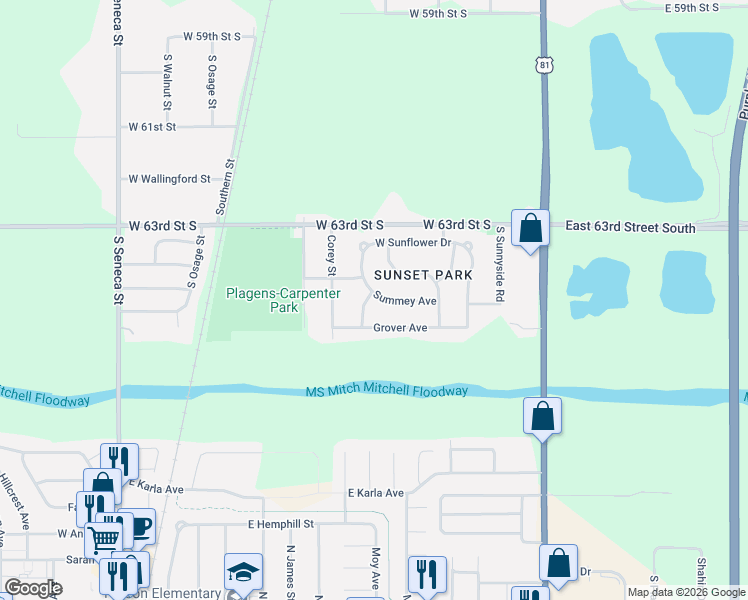 map of restaurants, bars, coffee shops, grocery stores, and more near 326 Summey Street in Wichita