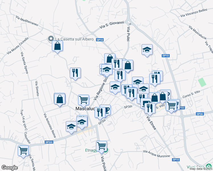 map of restaurants, bars, coffee shops, grocery stores, and more near 29 Via Avvocato Vito Reina in Mascalucia