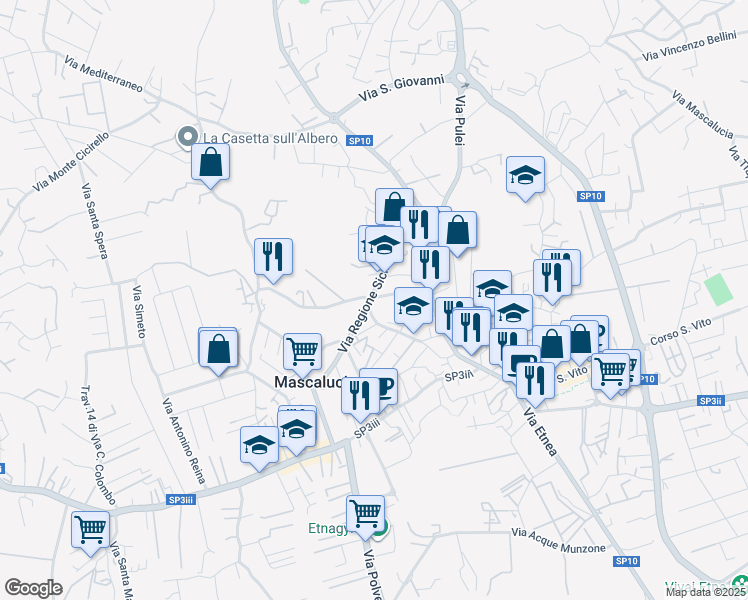 map of restaurants, bars, coffee shops, grocery stores, and more near 29 Via Reina Avvocato Vito in Mascalucia