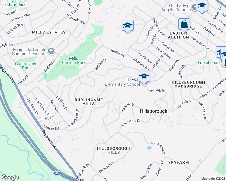 map of restaurants, bars, coffee shops, grocery stores, and more near 18 El Quanito Way in Burlingame