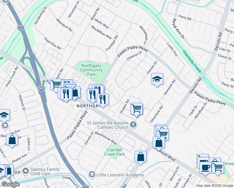 map of restaurants, bars, coffee shops, grocery stores, and more near 3666 Gainsborough Terrace in Fremont