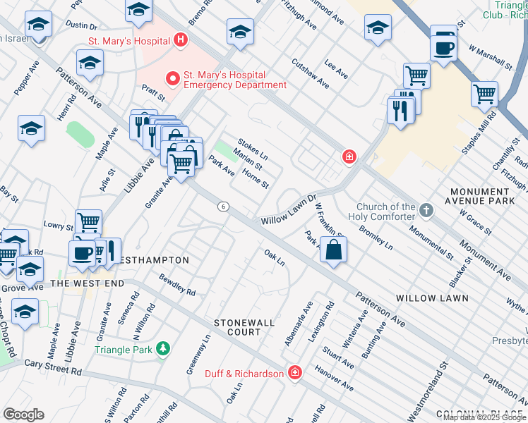 map of restaurants, bars, coffee shops, grocery stores, and more near 900 Willow Lawn Drive in Richmond
