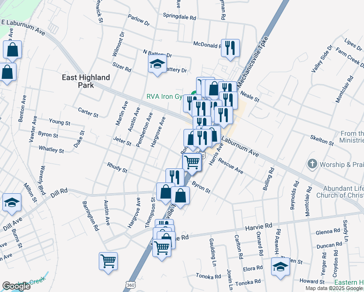 map of restaurants, bars, coffee shops, grocery stores, and more near 3806 Ronnie Ave in Richmond