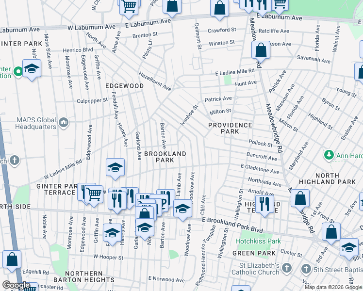 map of restaurants, bars, coffee shops, grocery stores, and more near 3221 Lamb Avenue in Richmond