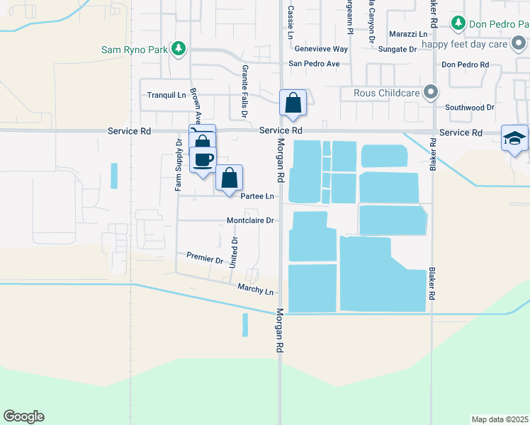map of restaurants, bars, coffee shops, grocery stores, and more near 1255 Montclaire Drive in Ceres