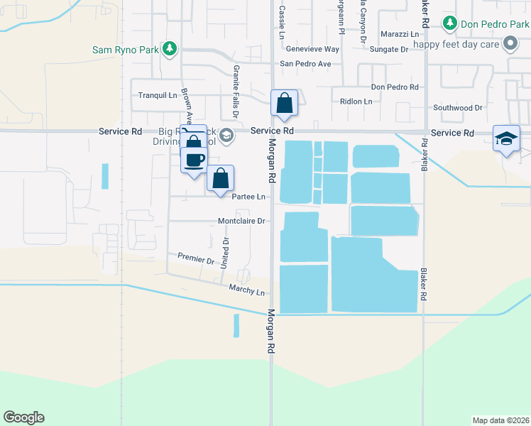 map of restaurants, bars, coffee shops, grocery stores, and more near 1279 Montclaire Drive in Ceres