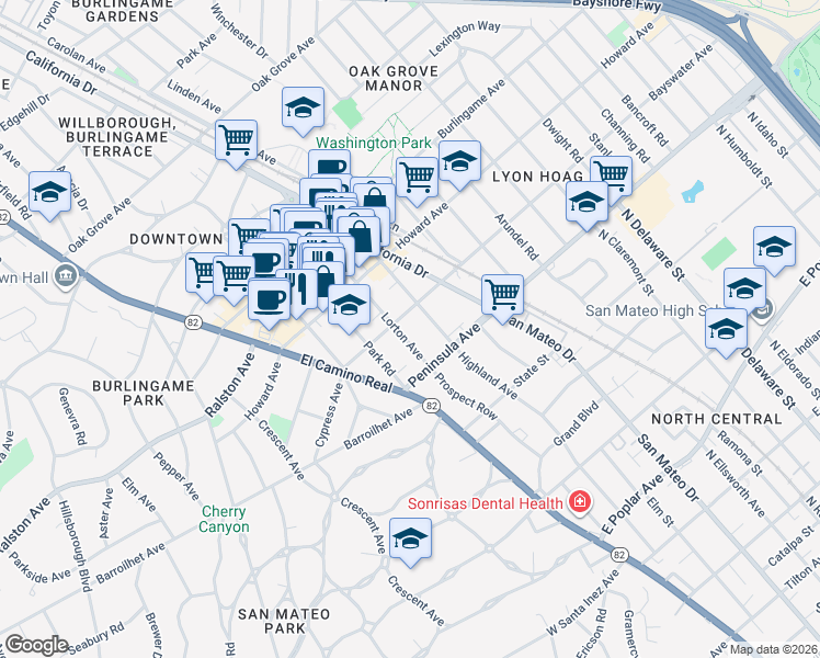 map of restaurants, bars, coffee shops, grocery stores, and more near 1155 Bayswater Avenue in Burlingame