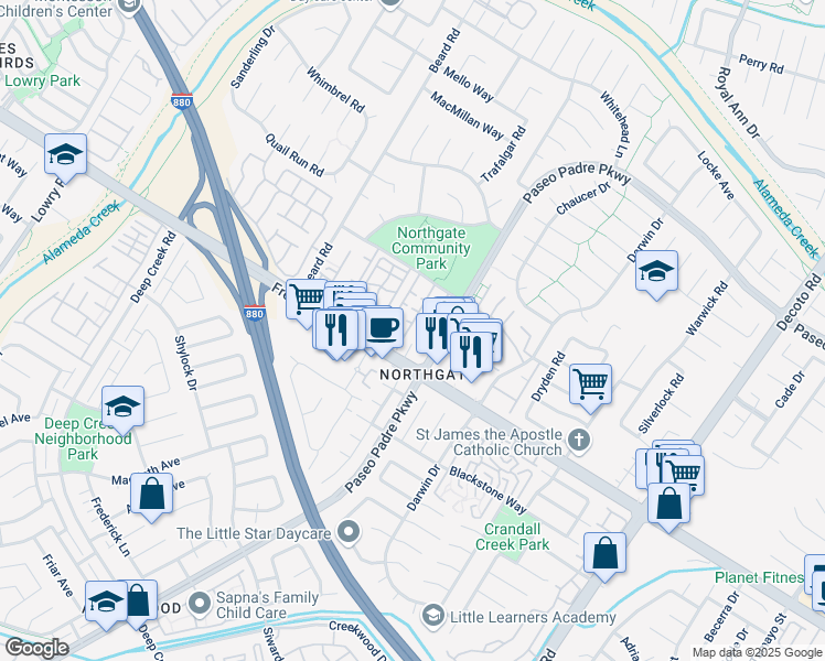 map of restaurants, bars, coffee shops, grocery stores, and more near 3930 Springfield Common in Fremont
