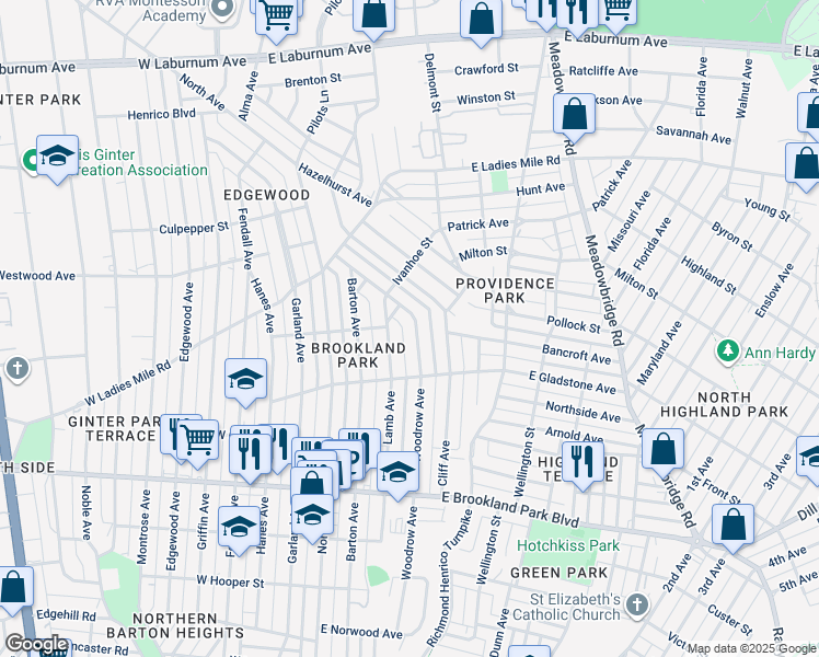 map of restaurants, bars, coffee shops, grocery stores, and more near 3220 Woodrow Avenue in Richmond