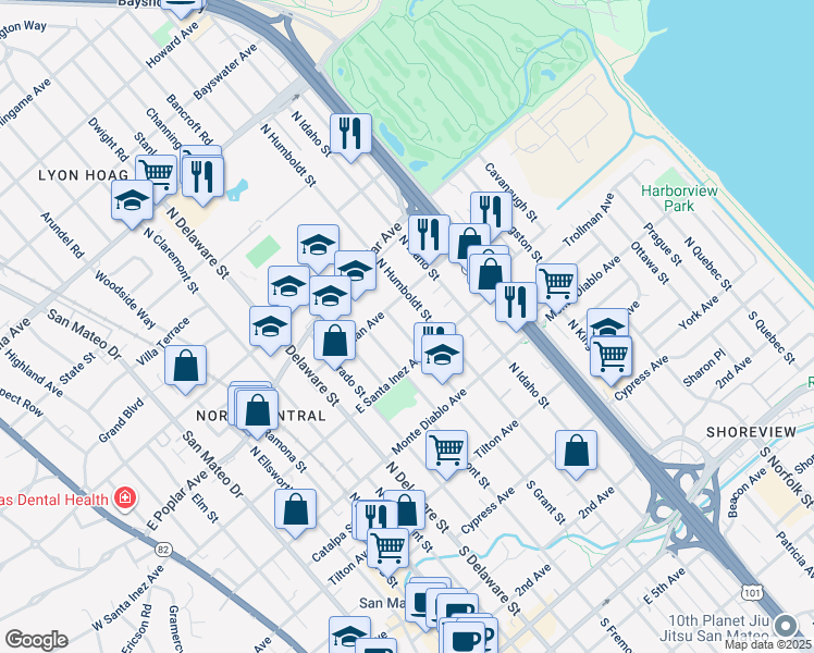 map of restaurants, bars, coffee shops, grocery stores, and more near 336 North Grant Street in San Mateo