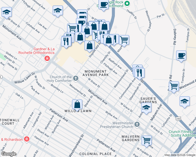 map of restaurants, bars, coffee shops, grocery stores, and more near 4709 Cutshaw Avenue in Richmond
