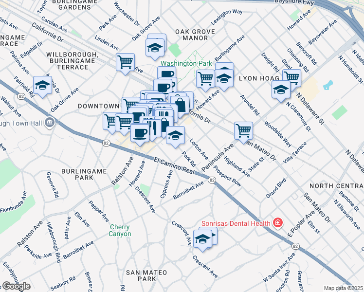 map of restaurants, bars, coffee shops, grocery stores, and more near 110 Park Road in Burlingame